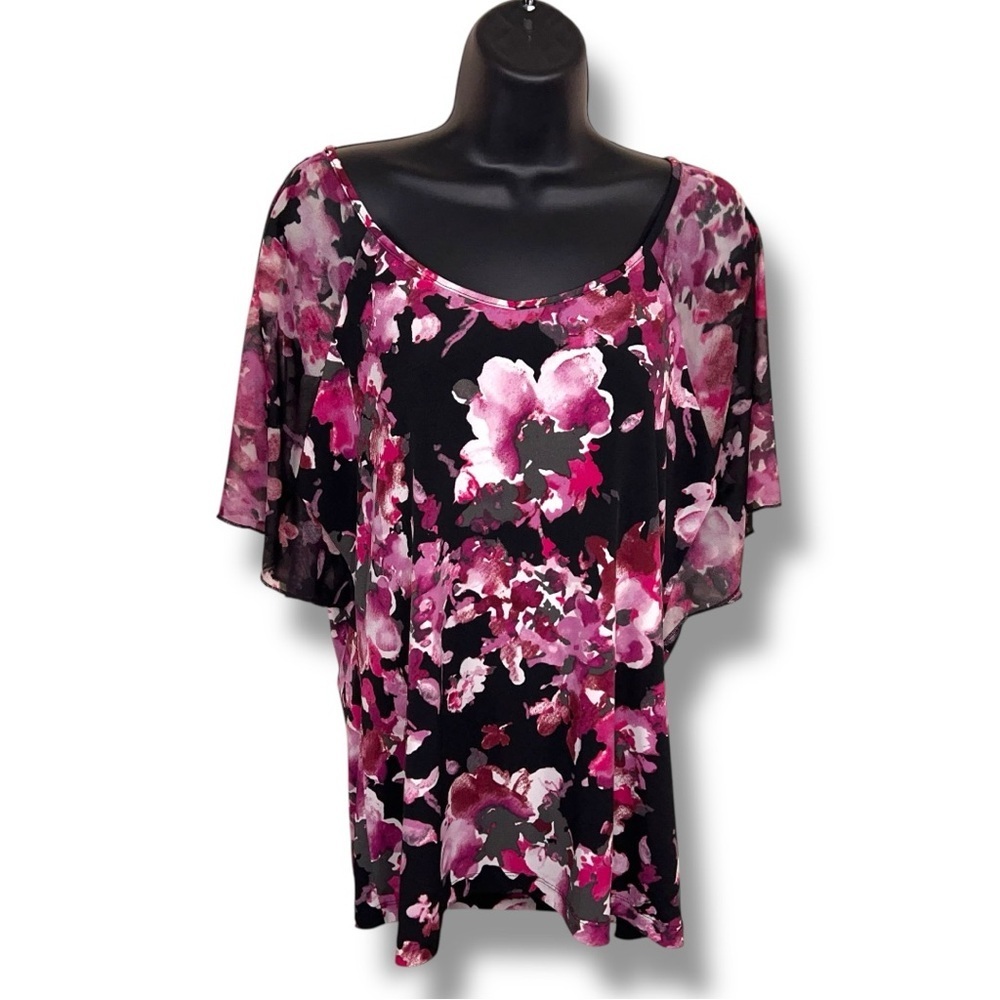 Large Susan Lawrence Blouse Short Sleeve Black Fuchsia Pink Floral Stretch
